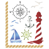 Nautical Stencil - Ocean Birds Lighthouse Compass Ships Wheel Boat Anchor